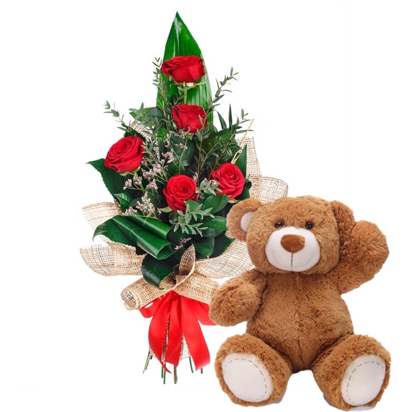 bunch of 5 red roses with teddy bear