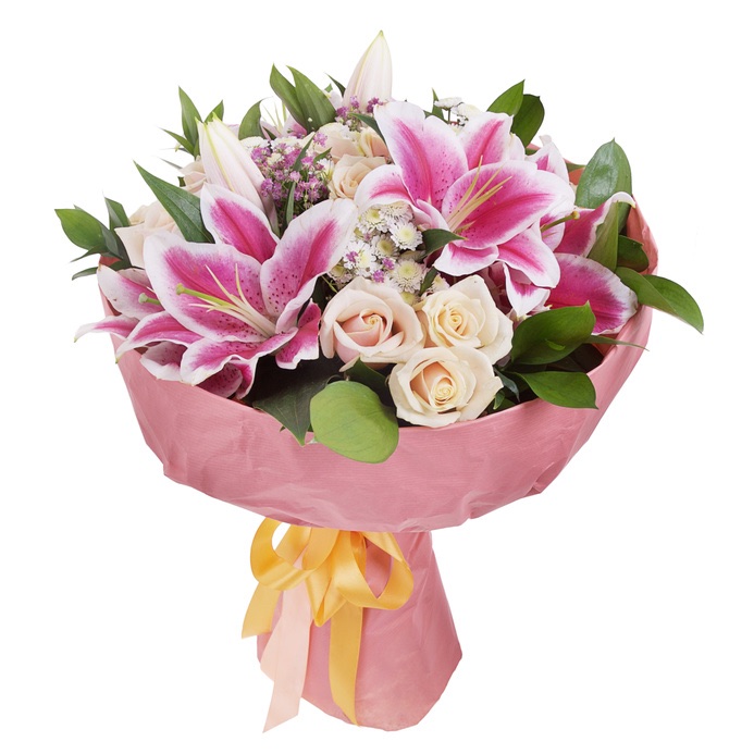 pink lilies and white roses