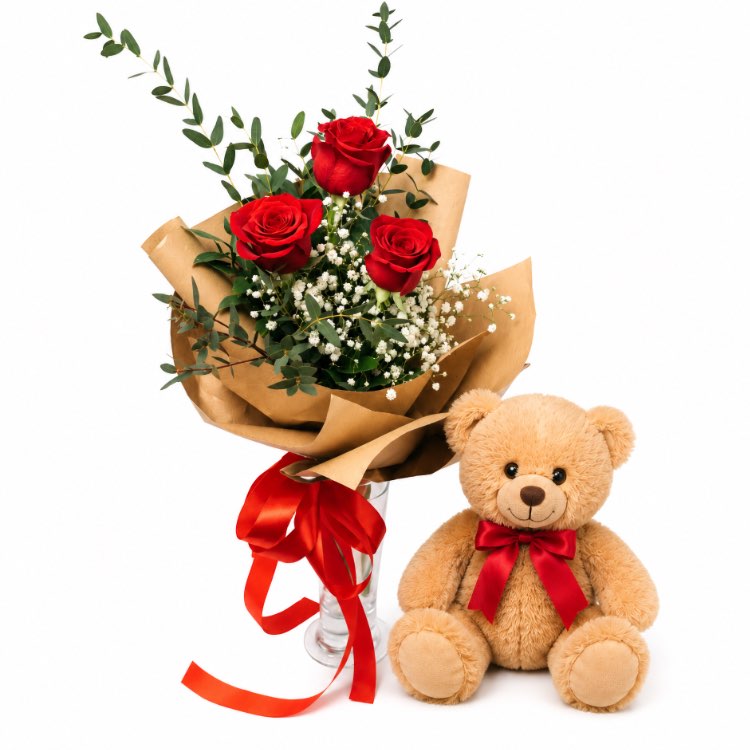 3 Red Roses with Teddy Bear