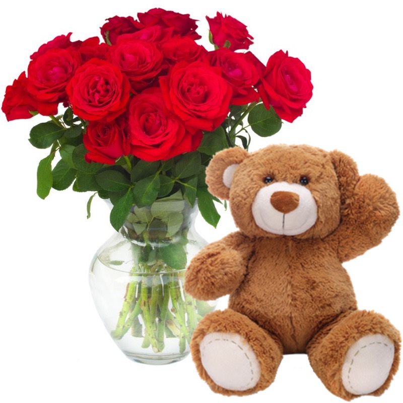 mazzo di rose rosse e peluche